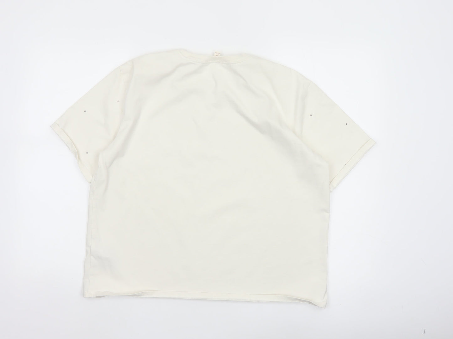 Marks and Spencer Women Ivory Rhinestone Cotton T-Shirt Size 14