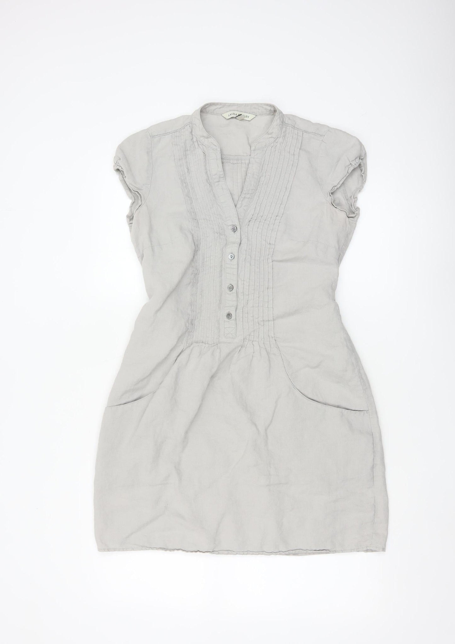 Laura Ashley Women’s Grey Linen Short Sleeve Belted Shift Dress Size 10