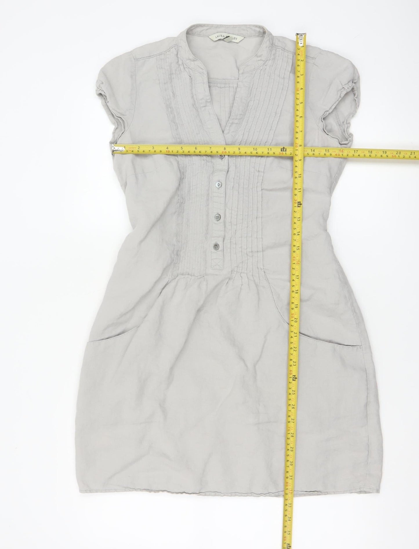 Laura Ashley Women’s Grey Linen Short Sleeve Belted Shift Dress Size 10