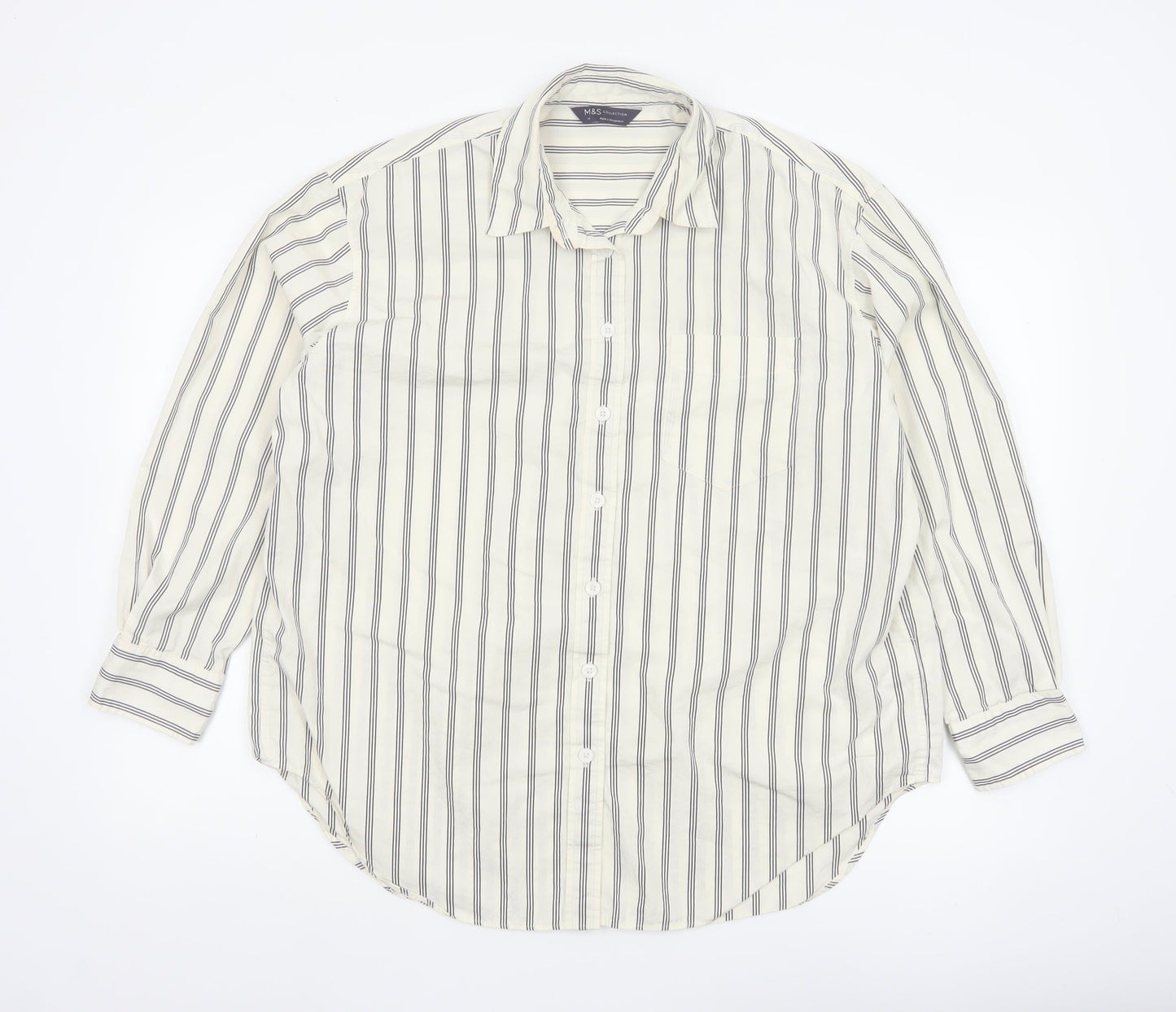 Marks and Spencer Women White Striped Long Sleeve Cotton Button-Up Shirt Size 14