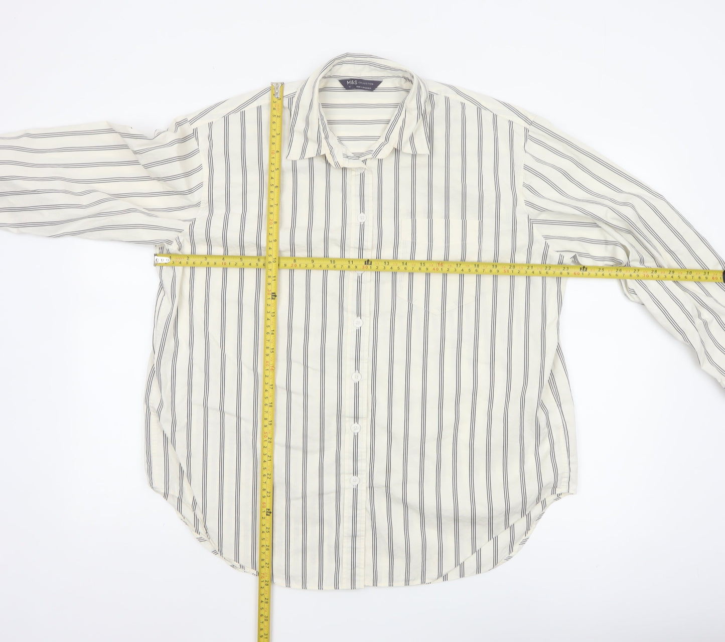 Marks and Spencer Women White Striped Long Sleeve Cotton Button-Up Shirt Size 14
