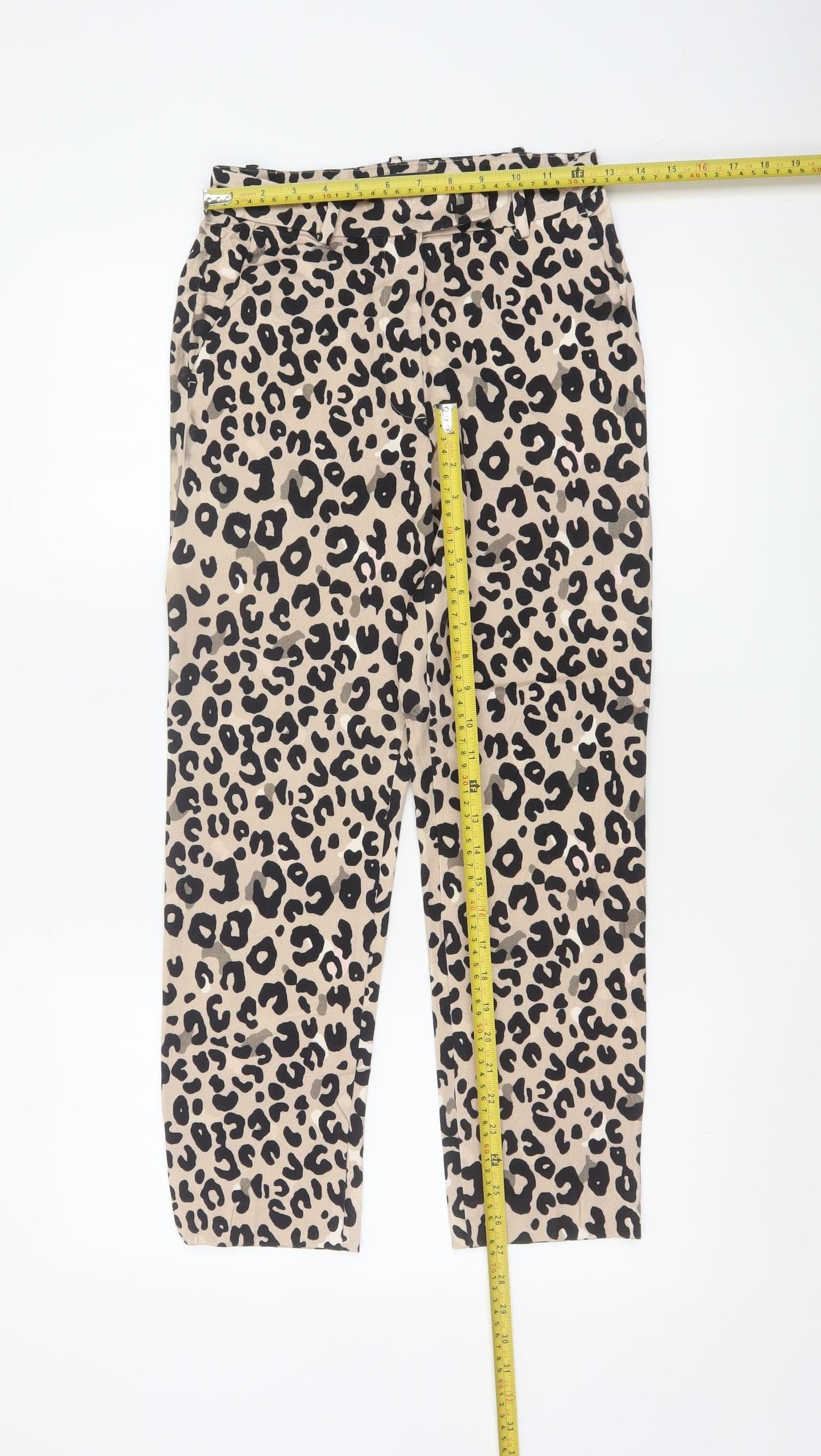Marks and Spencer Women Beige Animal Print Slim Cropped Trousers Size 6 Short