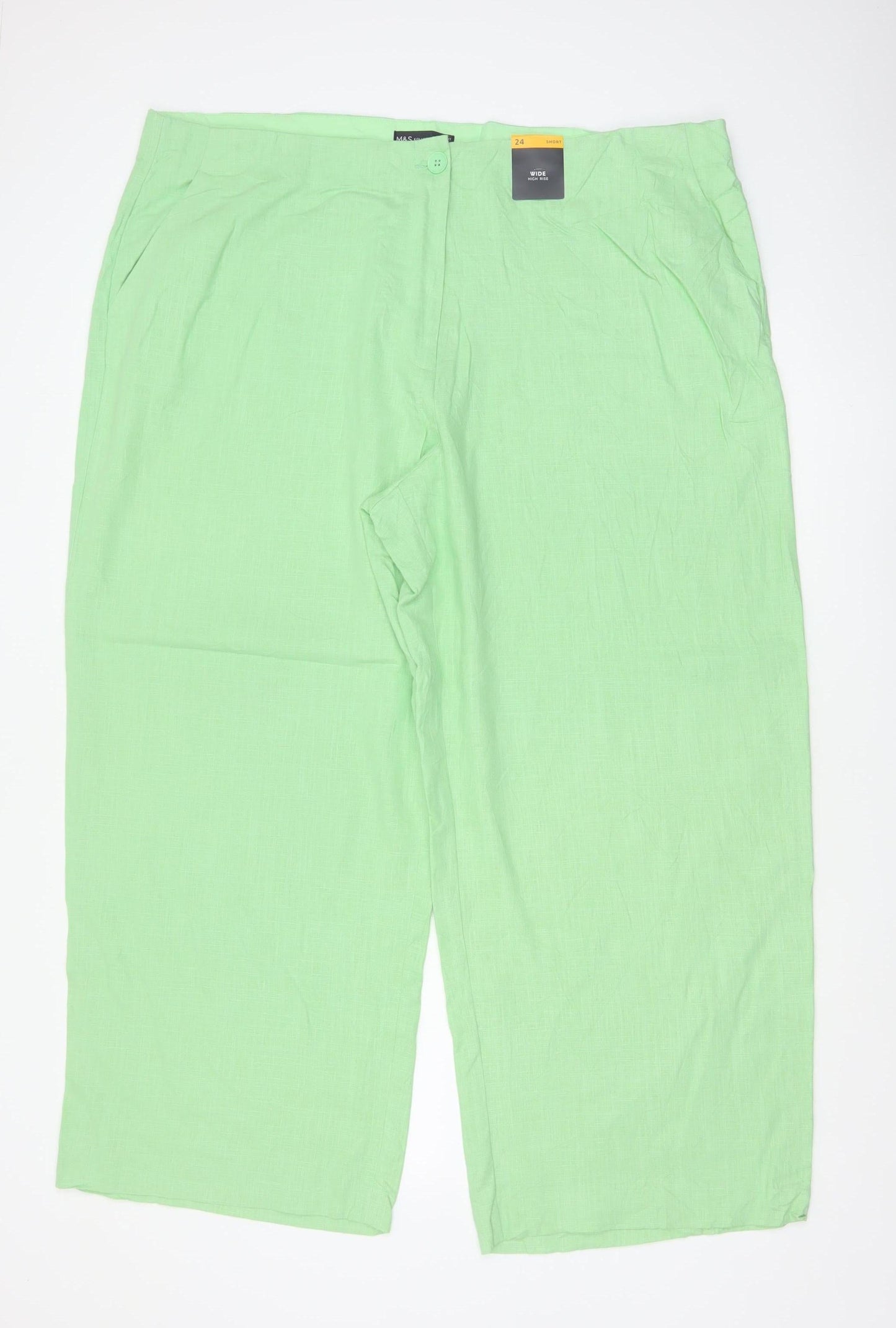 Marks and Spencer Women's Green Linen Wide-Leg Trousers Size 24 Short