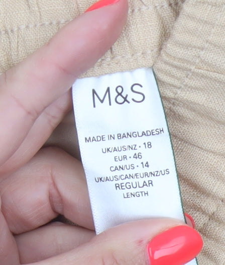 Marks and Spencer Womens Beige Linen Blend Trousers UK 18 Relaxed Fit