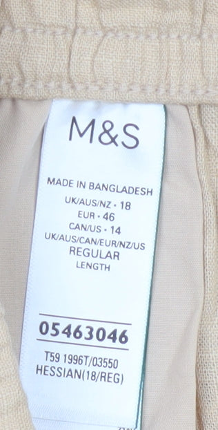 Marks and Spencer Women Beige Linen Blend Trousers Size 18 Regular