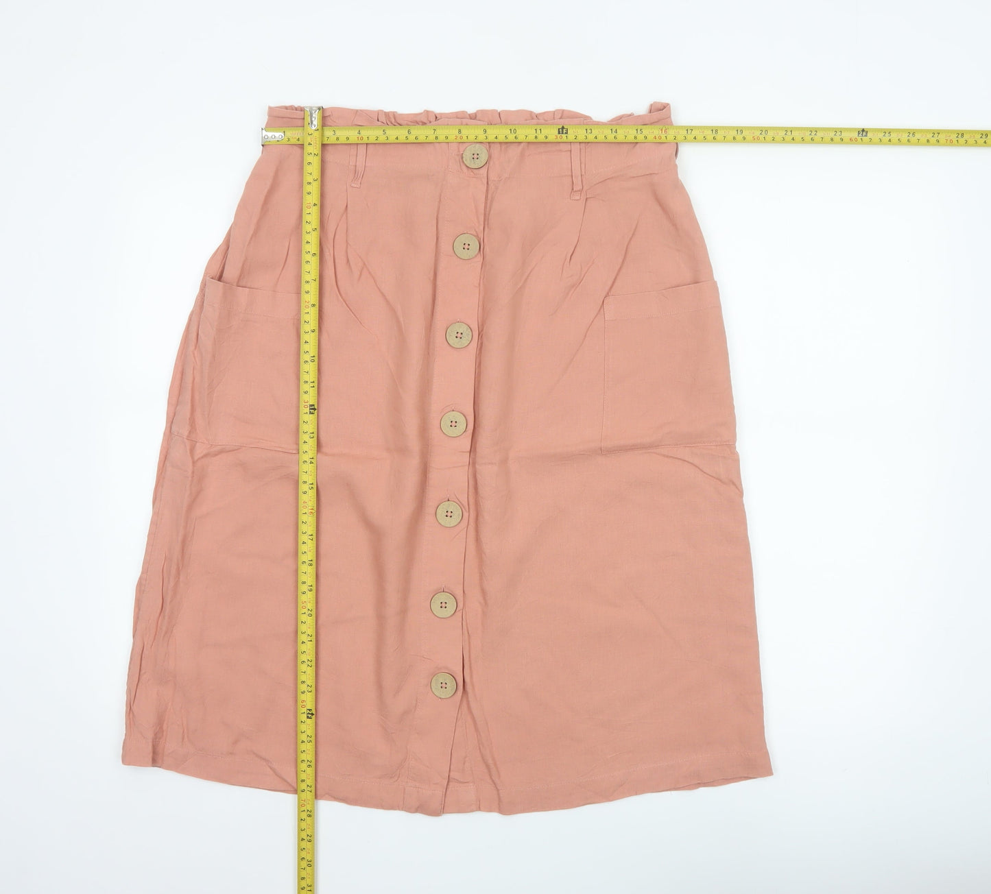 Fat Face Womens Pink Linen Blend Midi A-Line Button Skirt Size 14