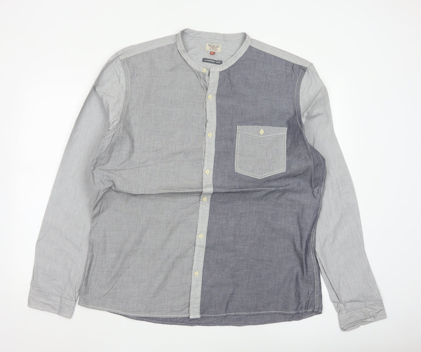 Next Men's Grey Colourblock Cotton Long Sleeve Band Collar Shirt XL