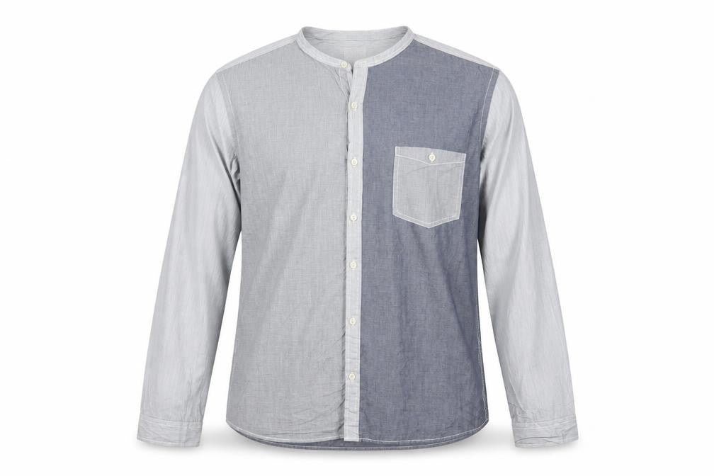 Next Men's Grey Colourblock Cotton Long Sleeve Band Collar Shirt XL