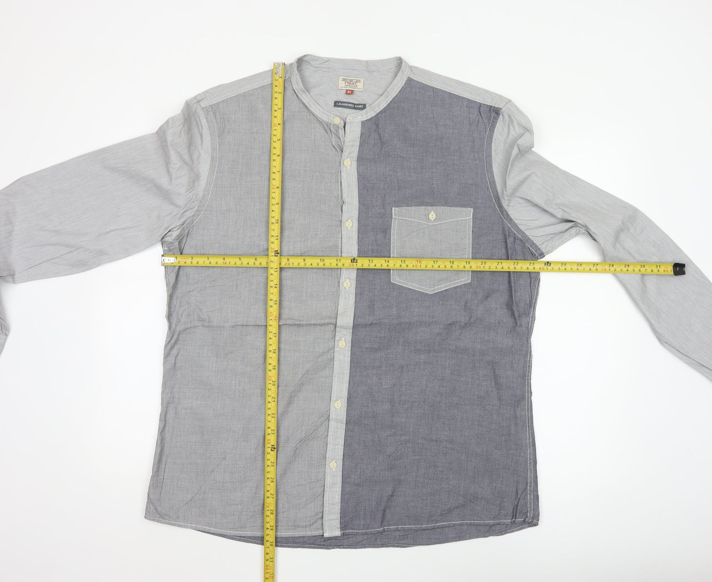 Next Men's Grey Colourblock Cotton Long Sleeve Band Collar Shirt XL
