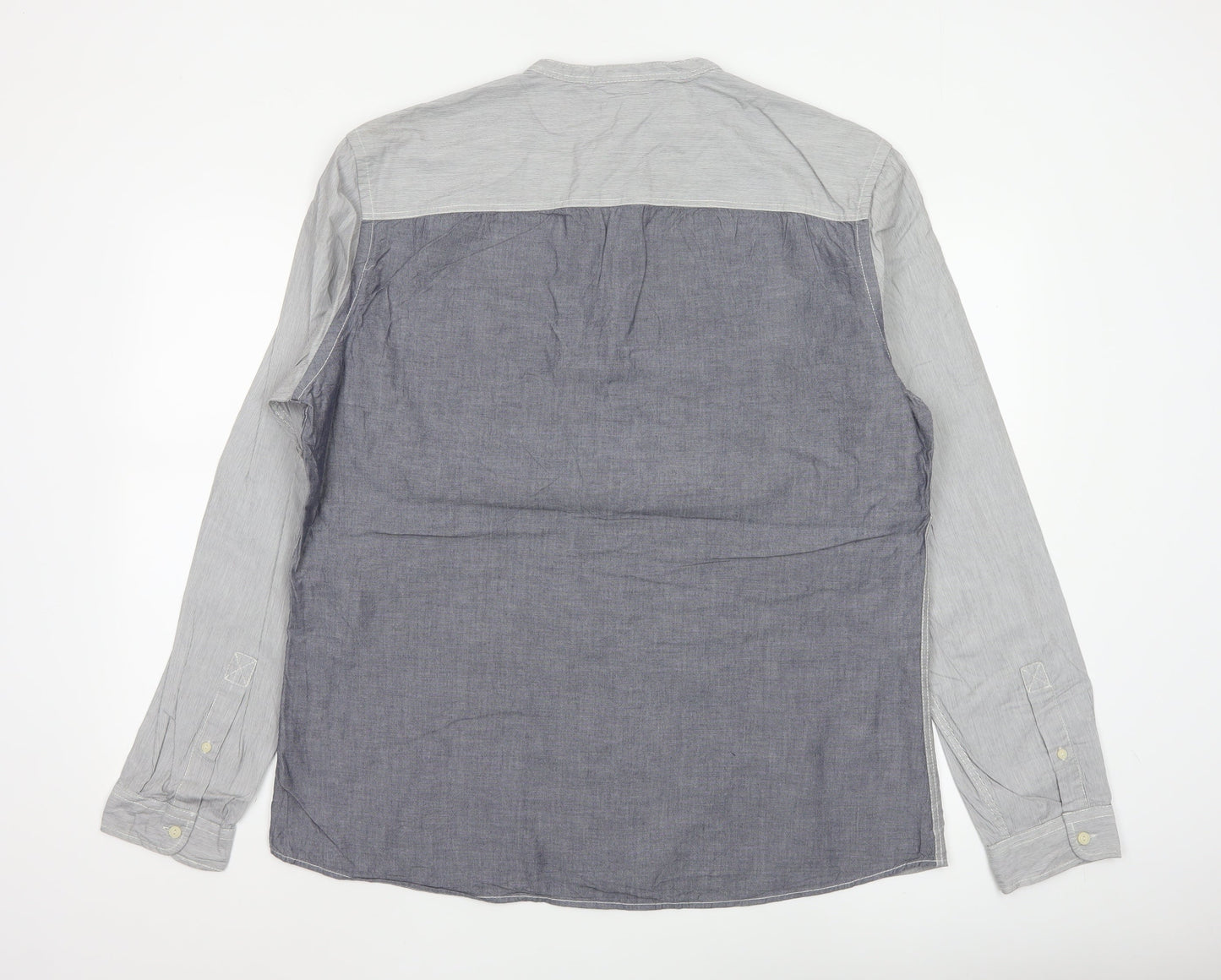 Next Men's Grey Colourblock Cotton Long Sleeve Band Collar Shirt XL