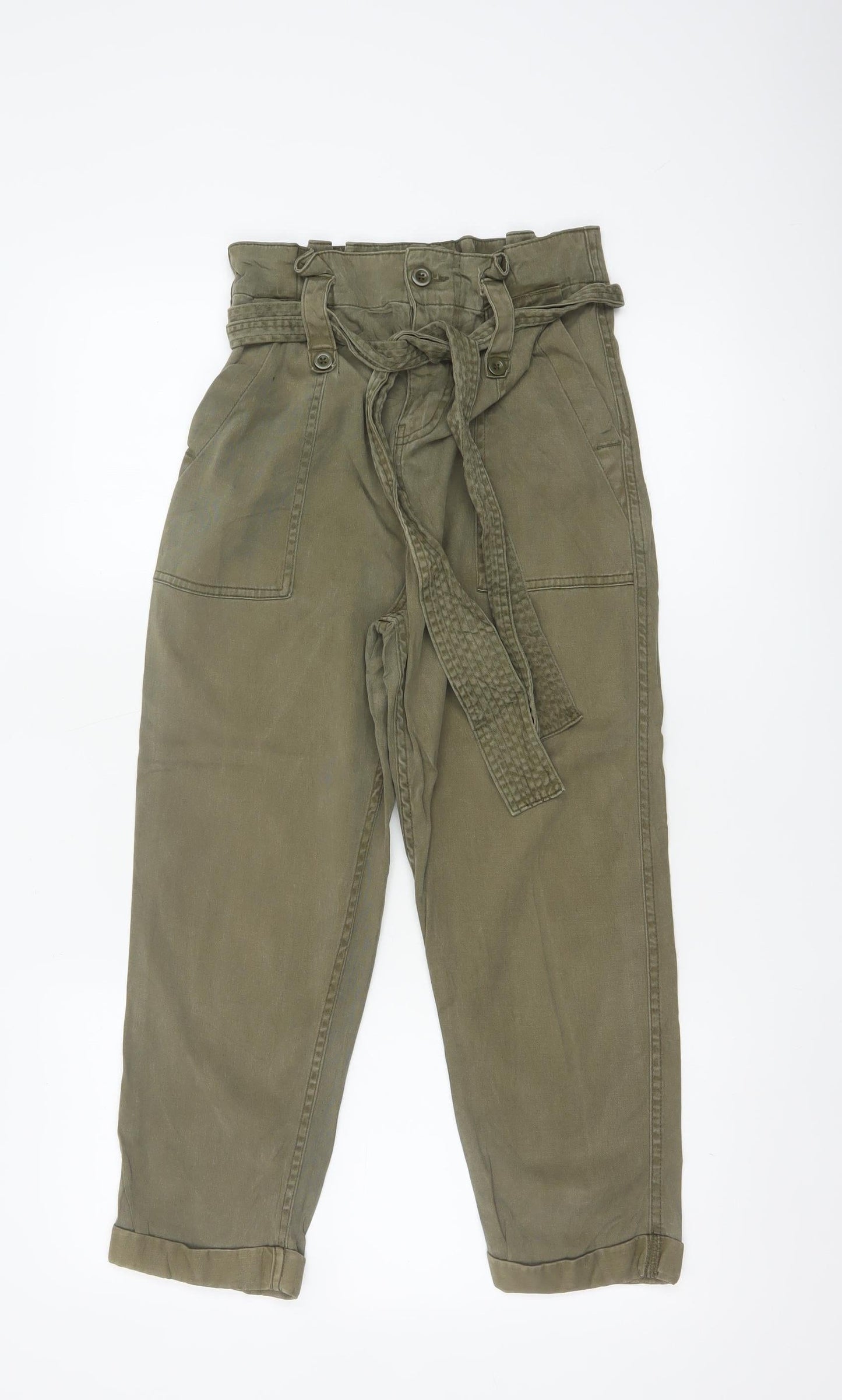 Topshop Petite Green Paperbag High Waist Tapered Trousers UK 6