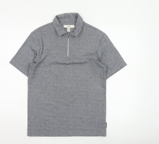 River Island Men's Grey Short Sleeve 1/4 Zip Polo Shirt Size S