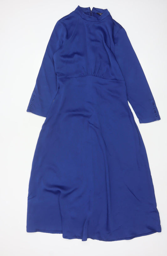 Marks and Spencer Women's Blue Midi A-Line Dress Size 8 Long Sleeve