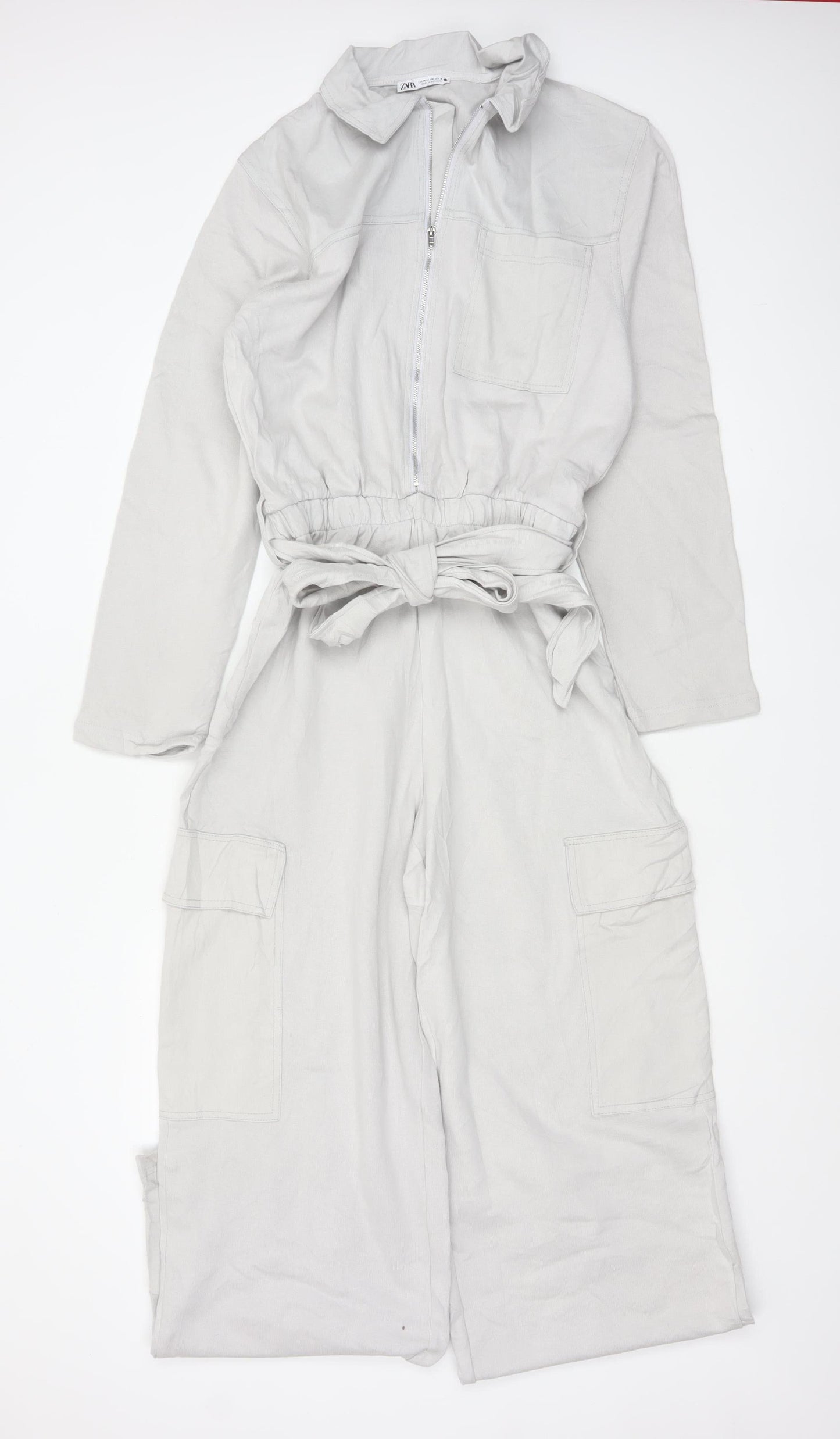 Zara Women Ivory Lyocell Collared Belted Long Sleeve Jumpsuit Size 12