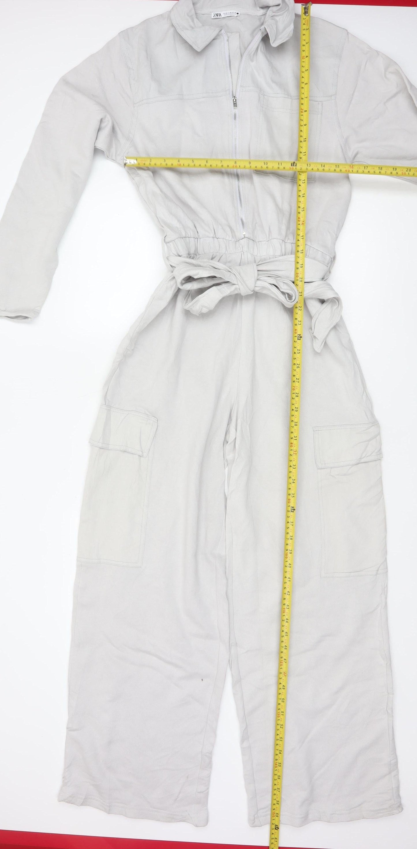 Zara Women Ivory Lyocell Collared Belted Long Sleeve Jumpsuit Size 12