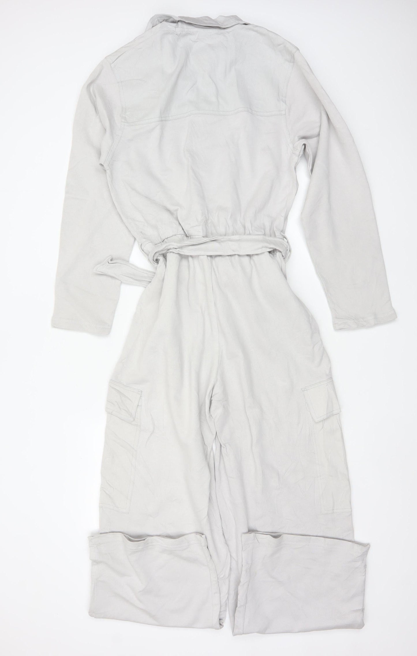 Zara Women Ivory Lyocell Collared Belted Long Sleeve Jumpsuit Size 12