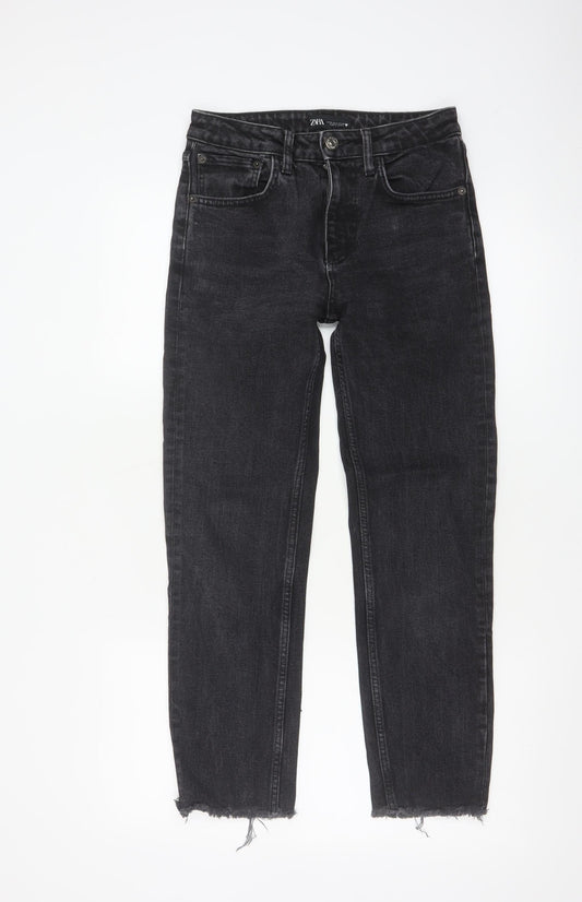 Zara Women Black Mid Rise Straight Jeans Size 8 Distressed Hem