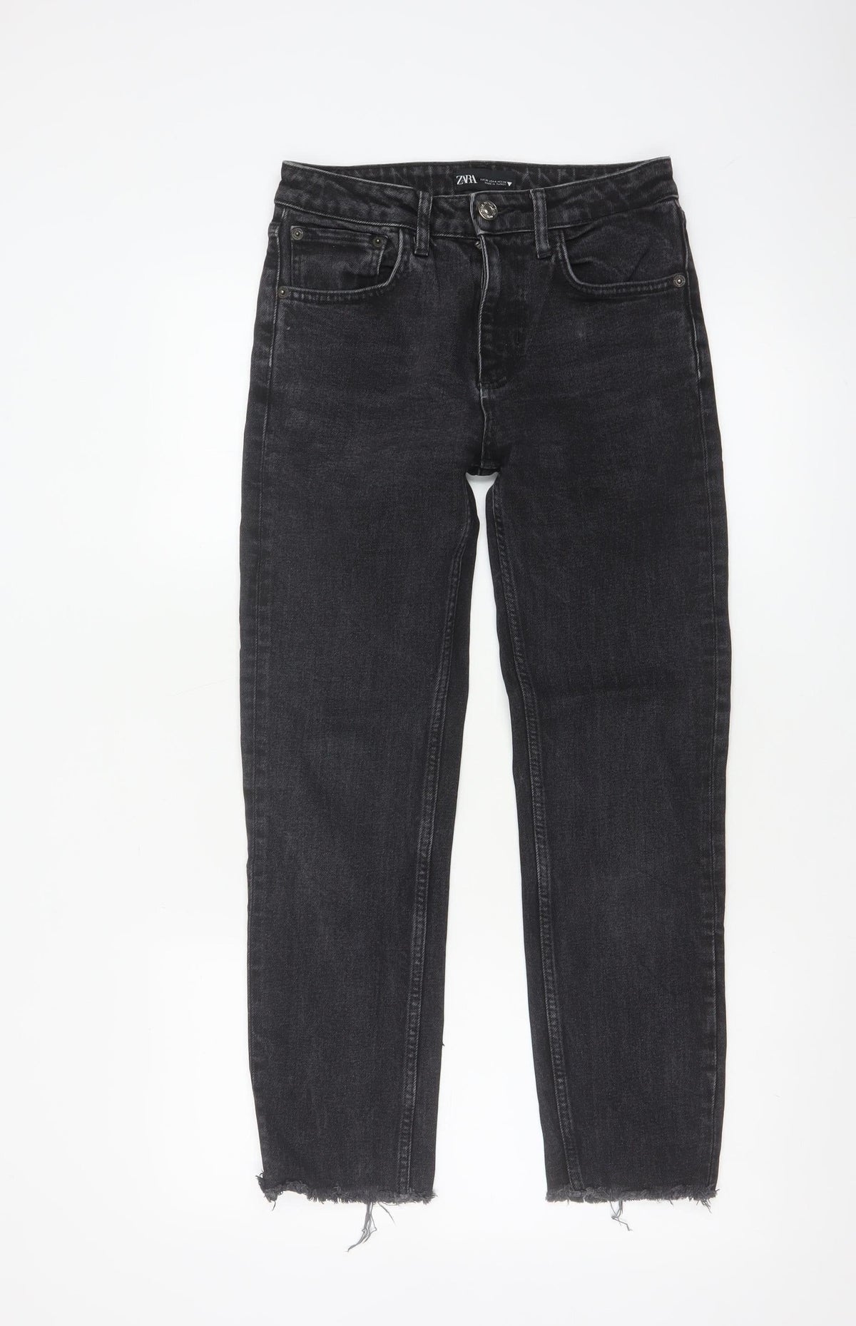 Zara Women Black Mid Rise Straight Jeans Size 8 Distressed Hem