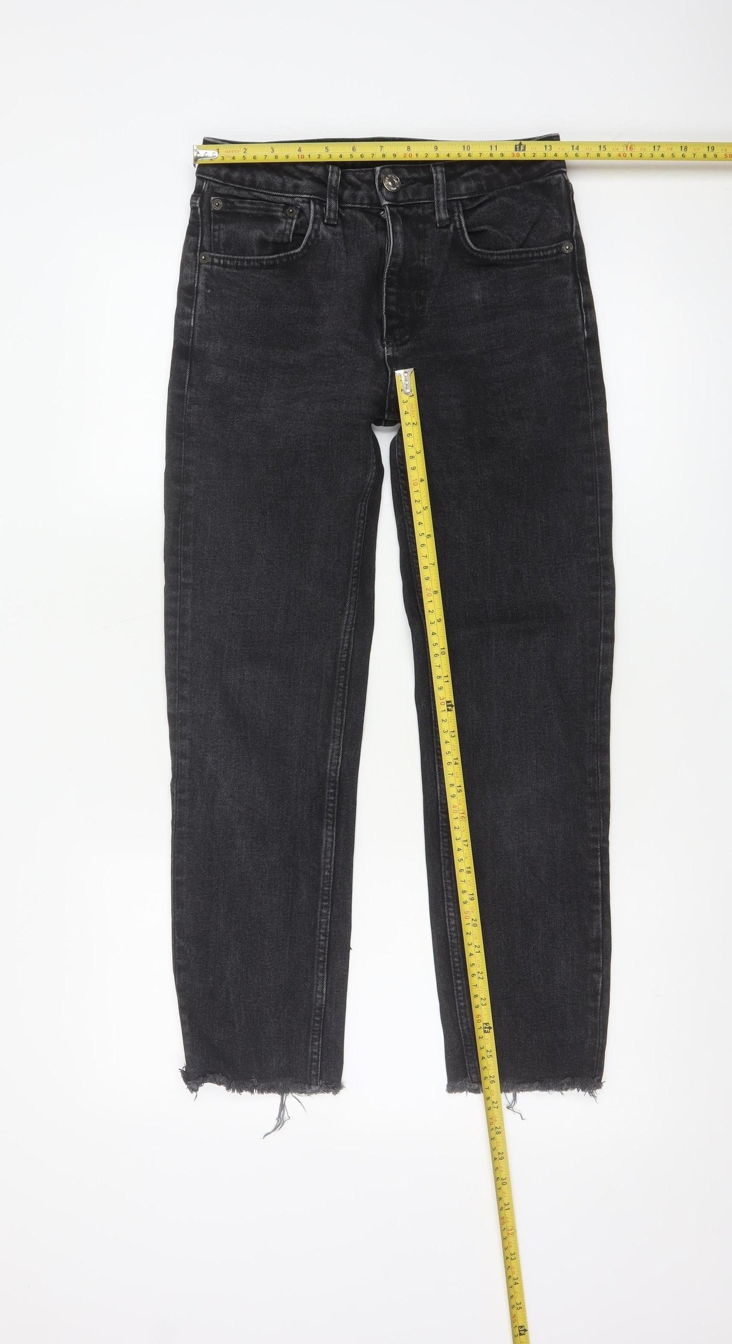 Zara Women Black Mid Rise Straight Jeans Size 8 Distressed Hem