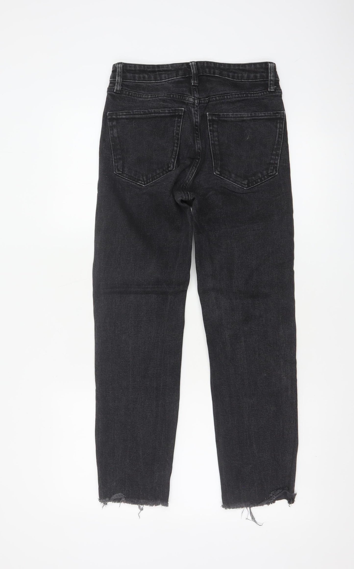 Zara Women Black Mid Rise Straight Jeans Size 8 Distressed Hem