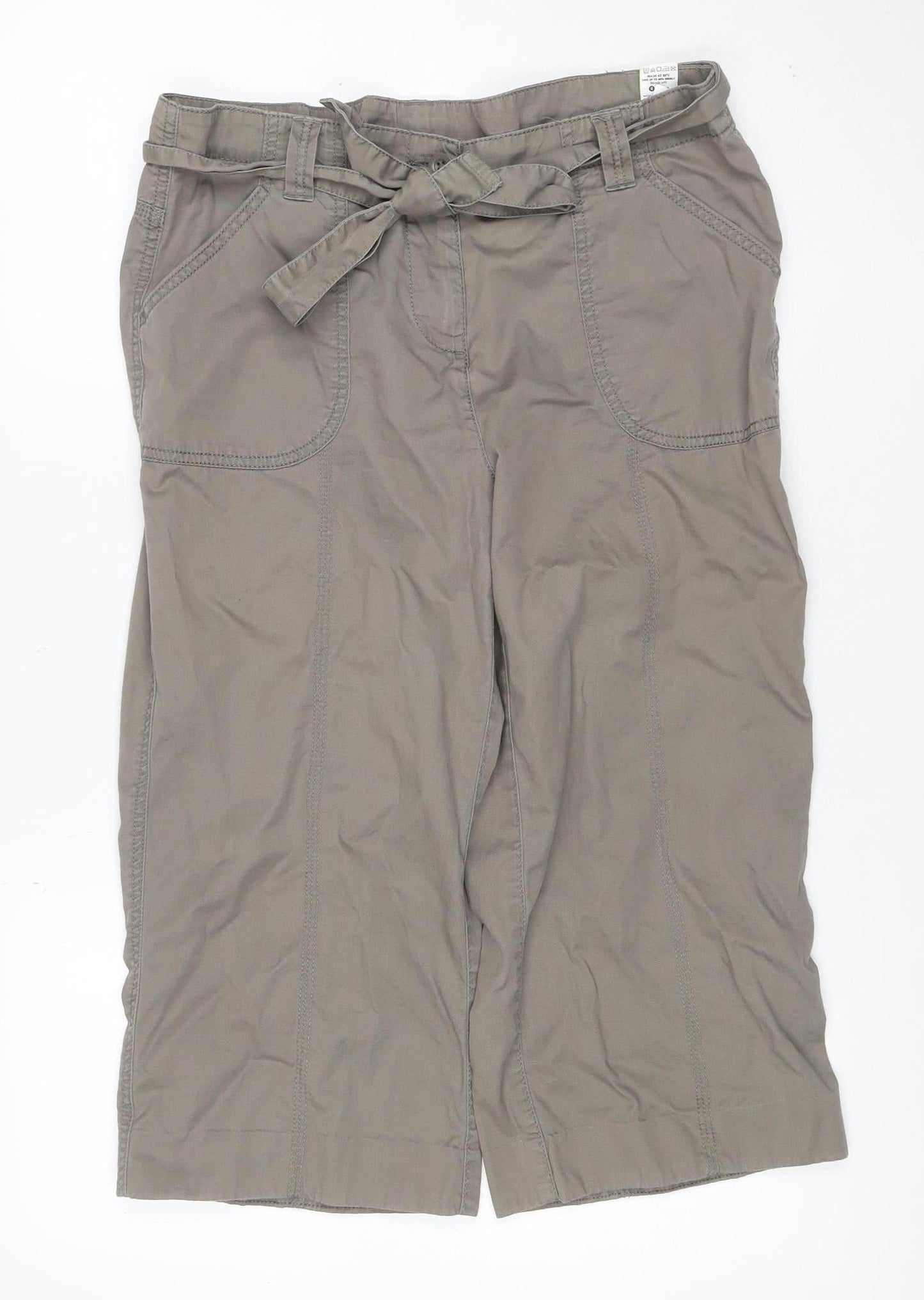 Marks and Spencer Women Brown Cropped Wide-Leg Belted Cotton Trousers UK 12