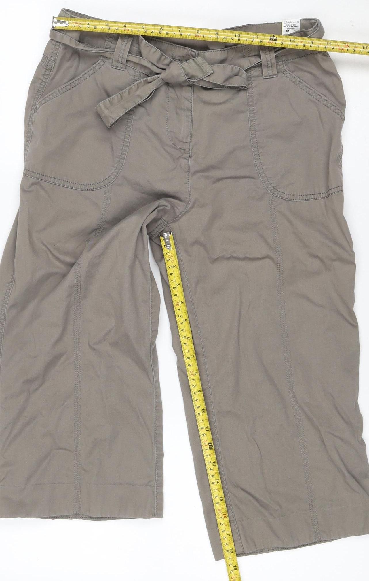 Marks and Spencer Women Brown Cropped Wide-Leg Belted Cotton Trousers UK 12