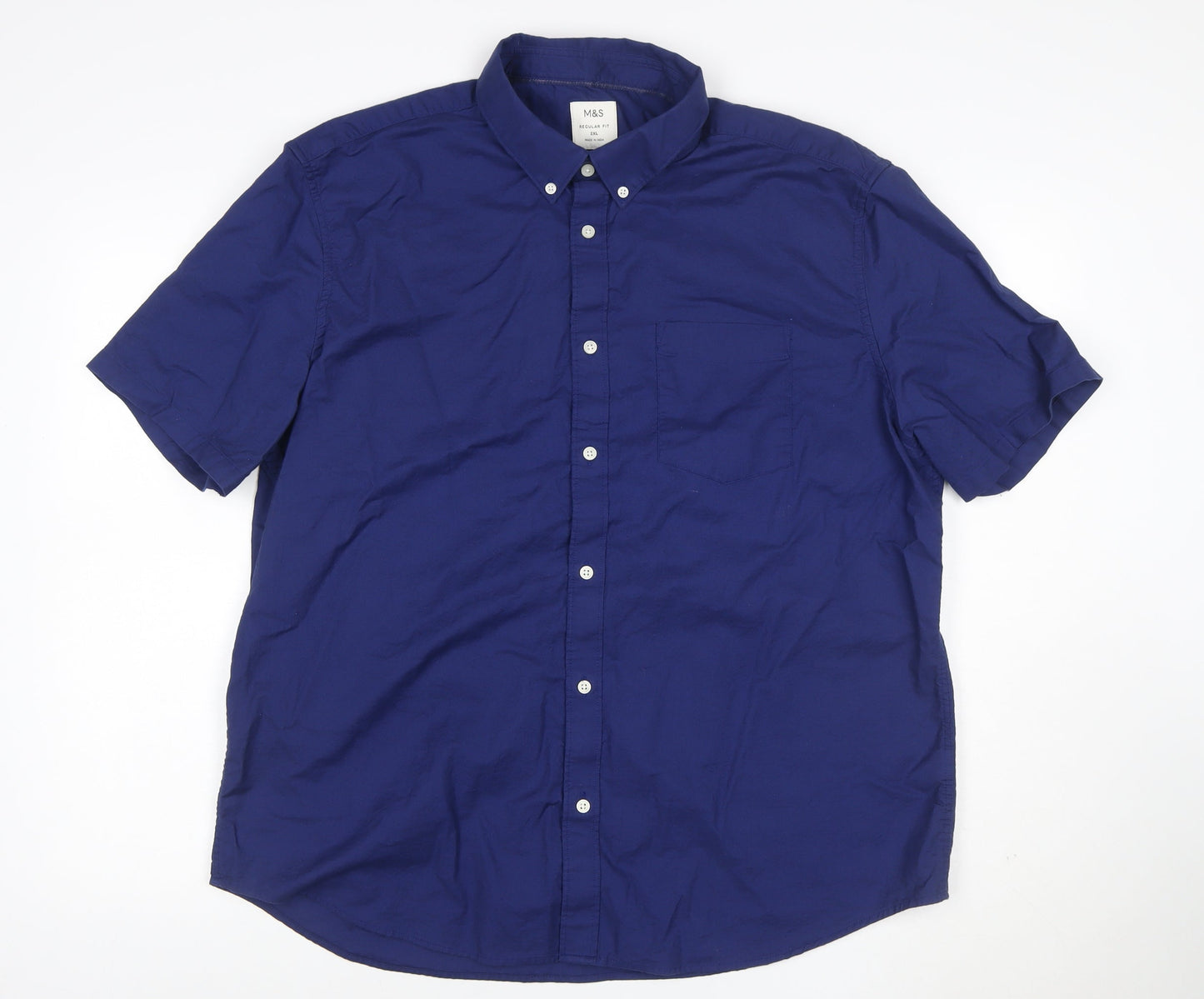 Marks and Spencer Men's Blue 2XL Regular Fit Short Sleeve Button-Up Shirt