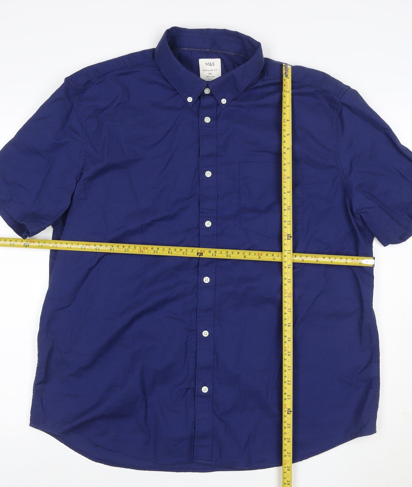 Marks and Spencer Men's Blue 2XL Regular Fit Short Sleeve Button-Up Shirt