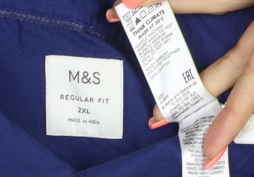 Marks and Spencer Men's Blue 2XL Regular Fit Short Sleeve Button-Up Shirt
