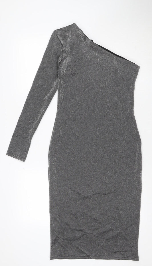 Warehouse Women’s Silver One Shoulder Midi Bodycon Dress Size 10