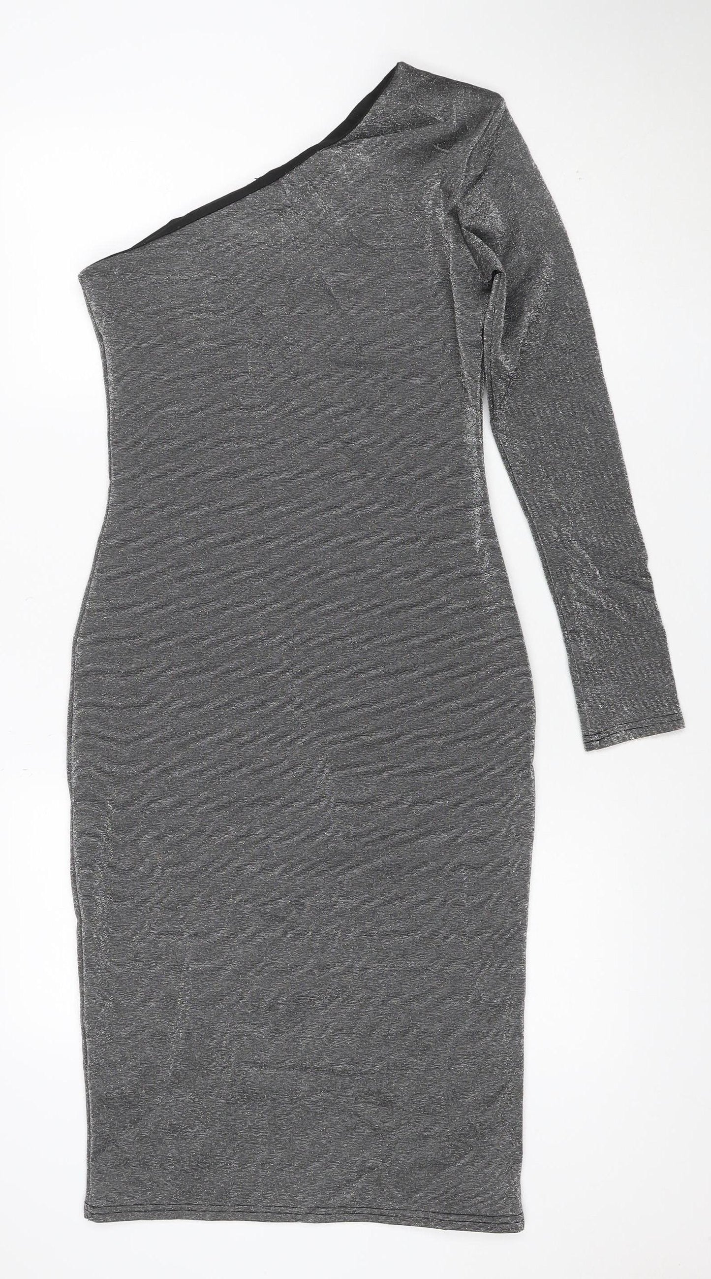Warehouse Women’s Silver One Shoulder Midi Bodycon Dress Size 10