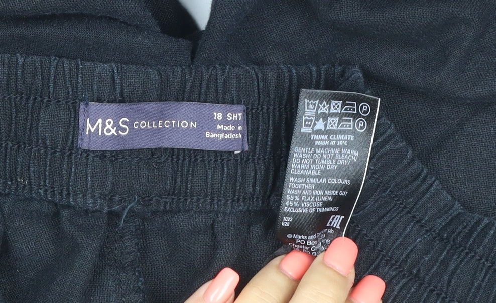 Marks and Spencer Women's Black Linen Blend Jogger Trousers Size 18 Short
