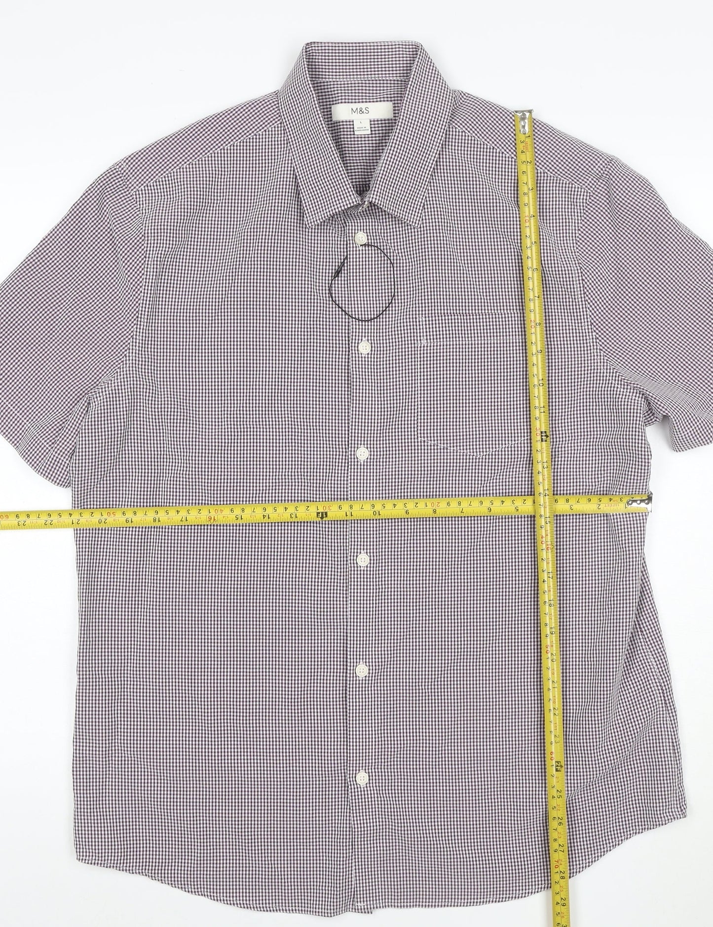 Marks and Spencer Men Purple Check Short Sleeve Collared T-Shirt L