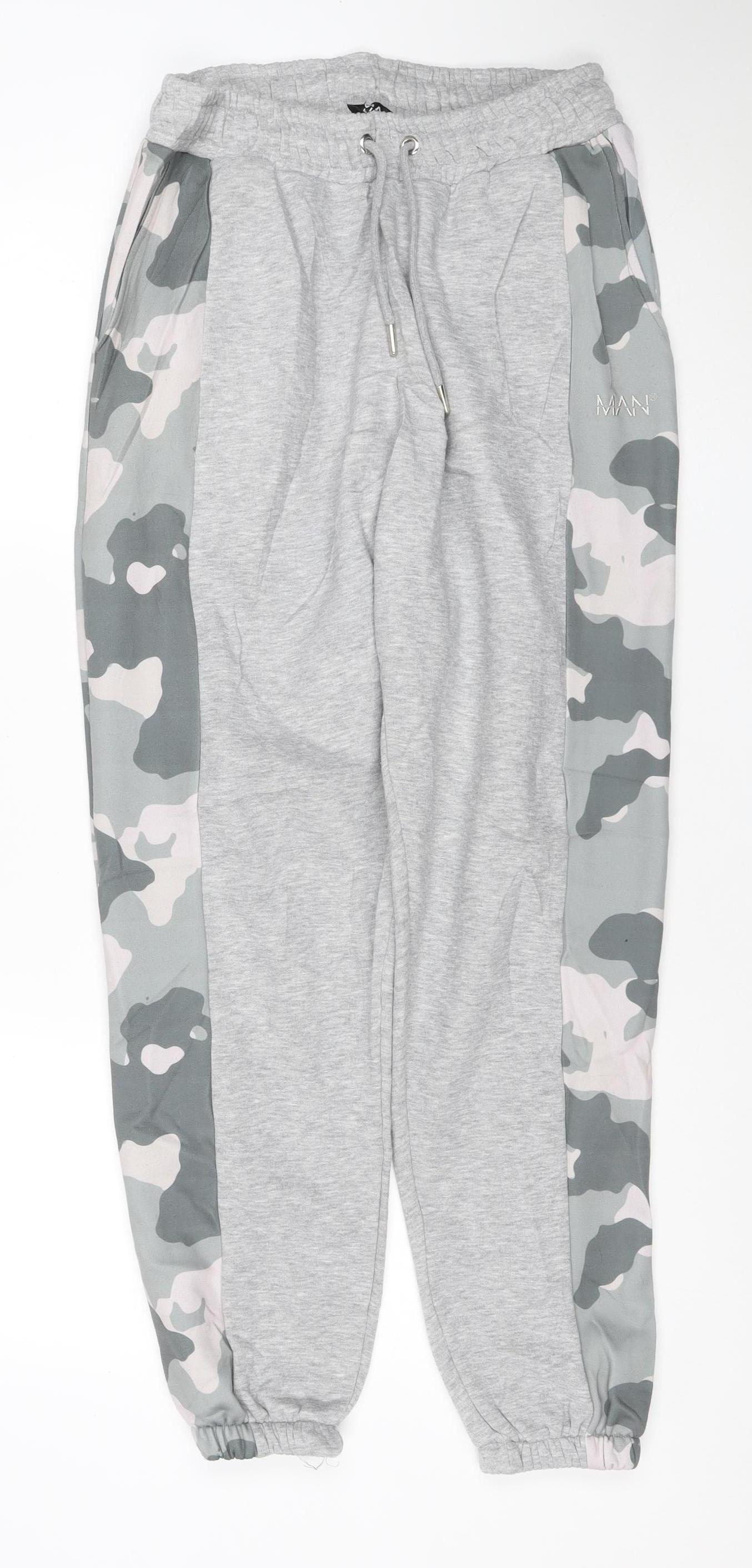 boohooMAN Men's Grey Camouflage Side Panel Jogger Trousers M