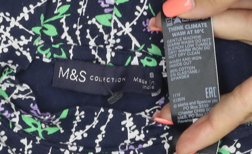 Marks and Spencer Women’s Blue Floral High Neck Long Sleeve Blouse Size 8