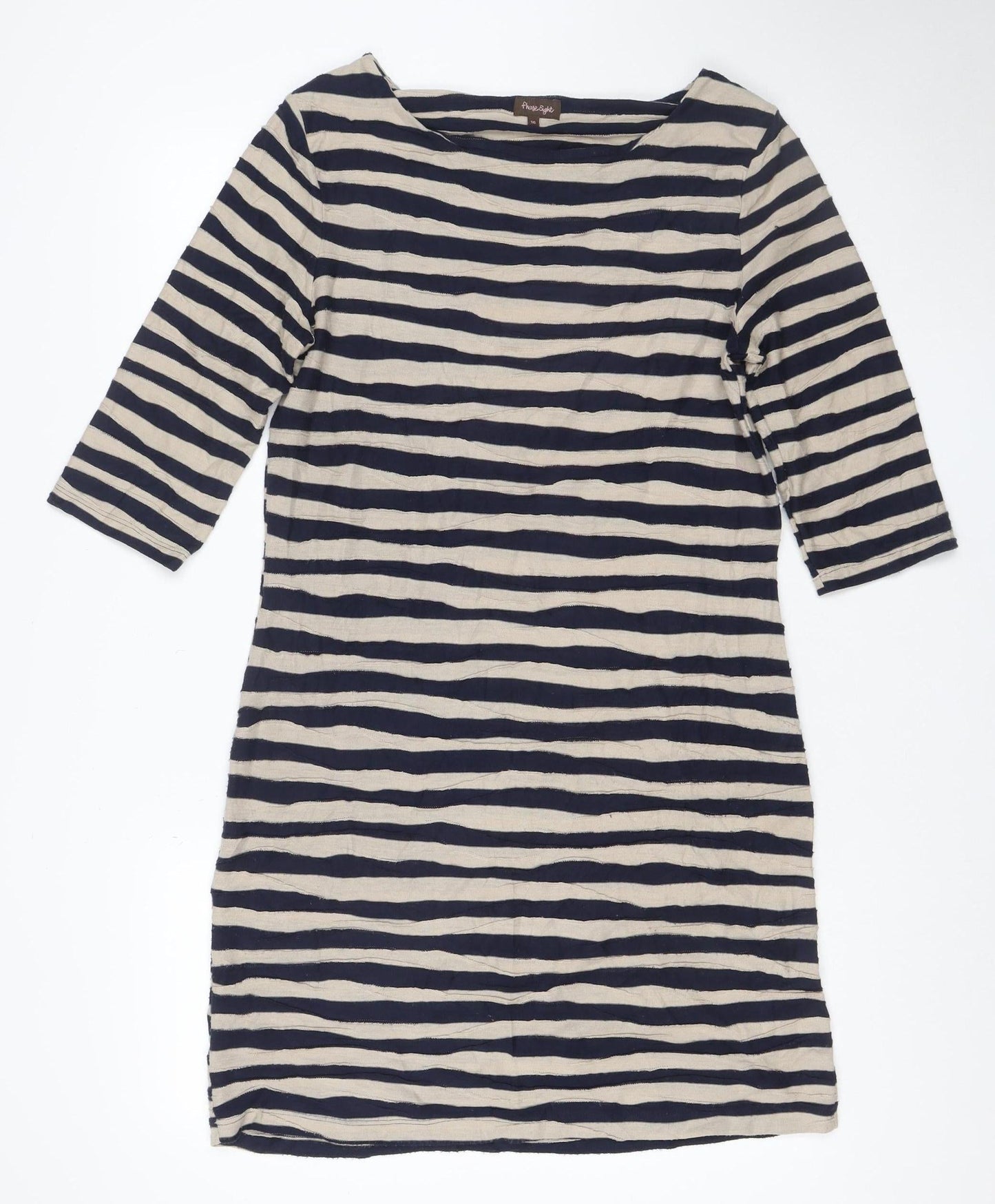 Fat Face Women Blue Striped 3/4 Sleeve Jersey Shift Dress Size 16