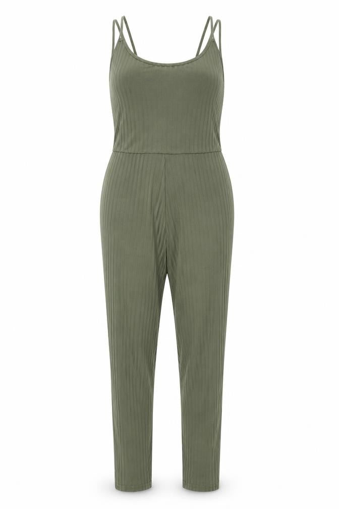 PRETTYLITTLETHING Women’s Khaki Green Ribbed Jumpsuit Size 10 Polyester Blend