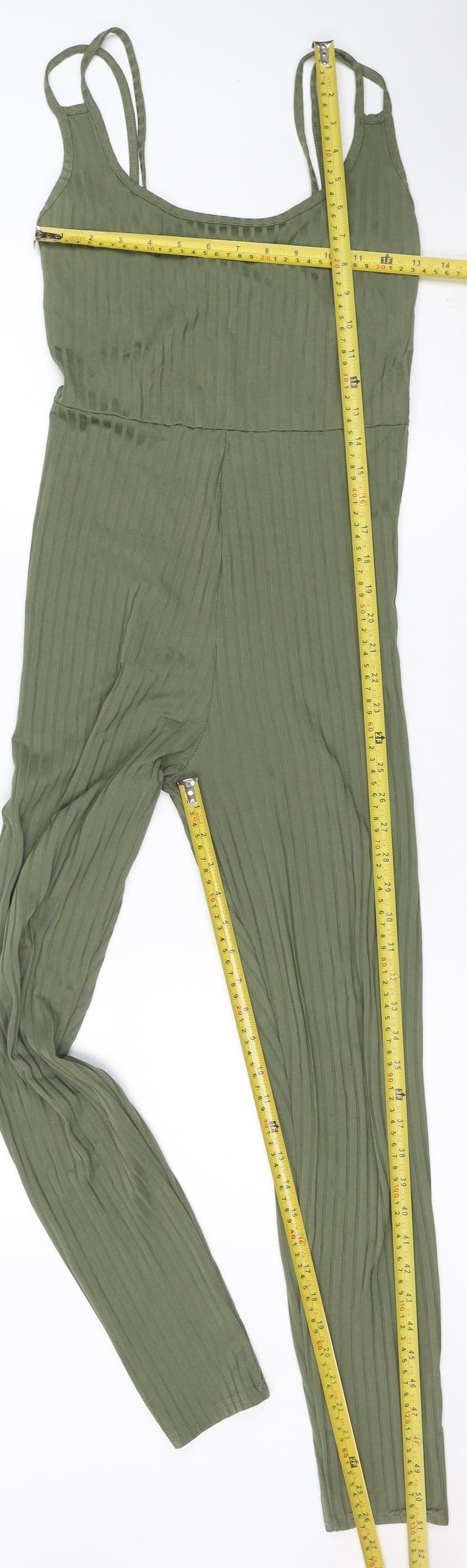 PrettyLittleThing Women’s Khaki Green Ribbed Jumpsuit Size 10 Polyester Blend