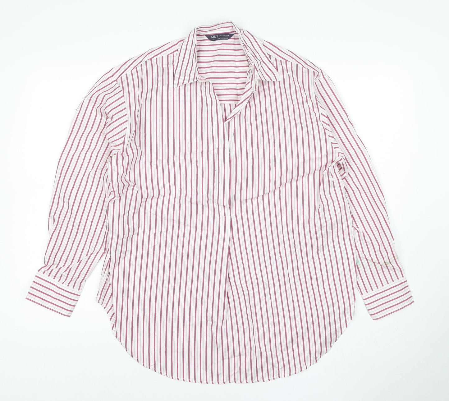 Marks and Spencer Women White Pink Striped Long Sleeve Button-Up Shirt Size 12