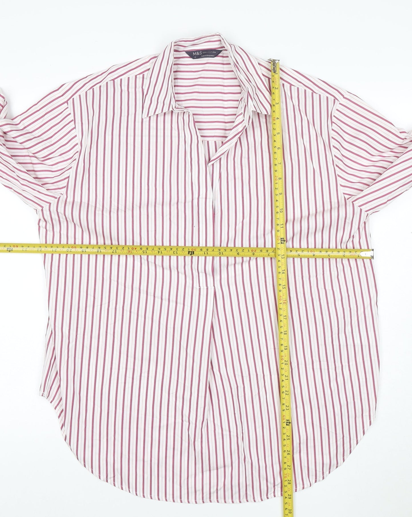 Marks and Spencer Women White Pink Striped Long Sleeve Button-Up Shirt Size 12