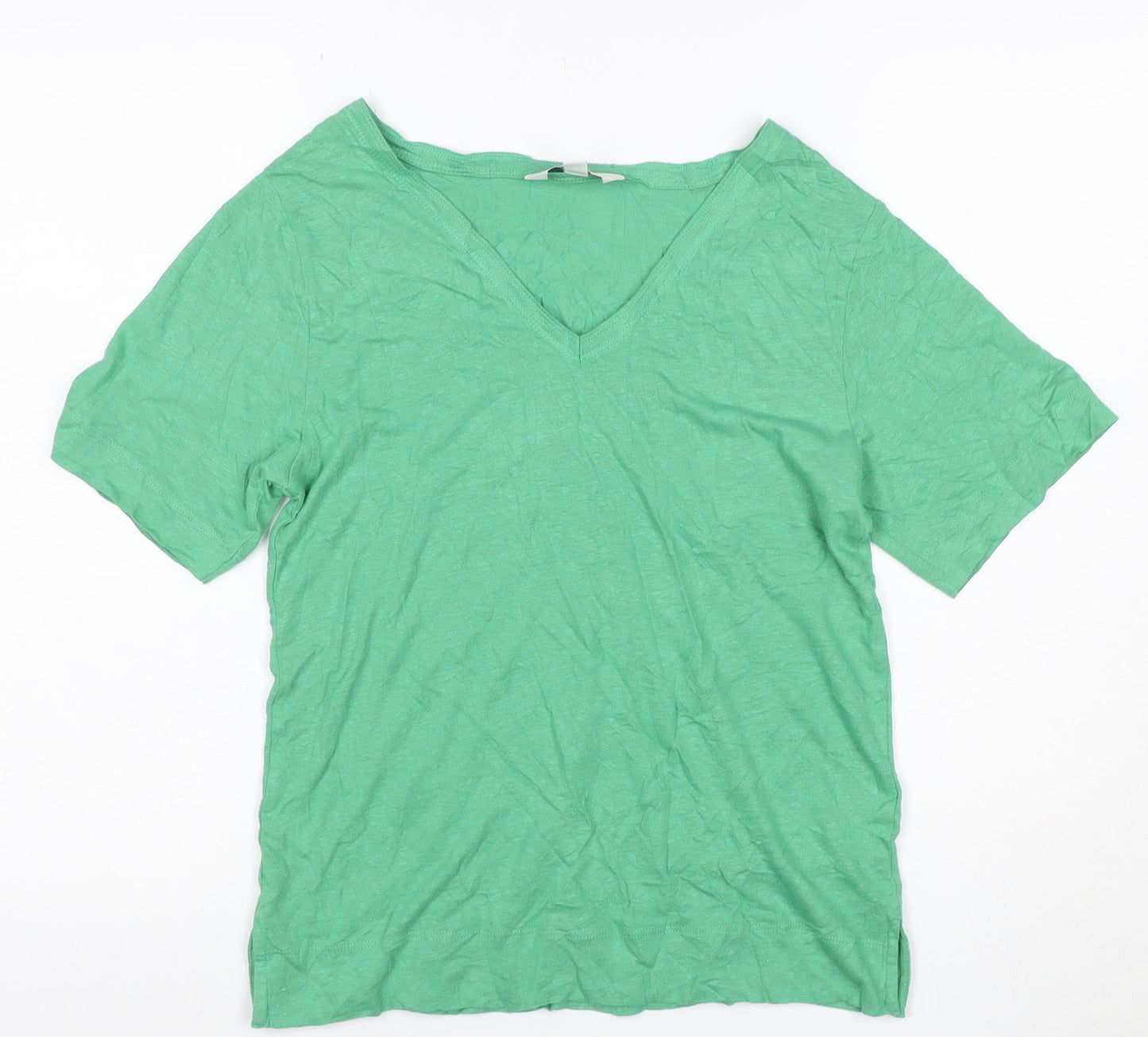 Marks and Spencer Women's Green V-Neck Short Sleeve Linen Modal T-Shirt Size 6