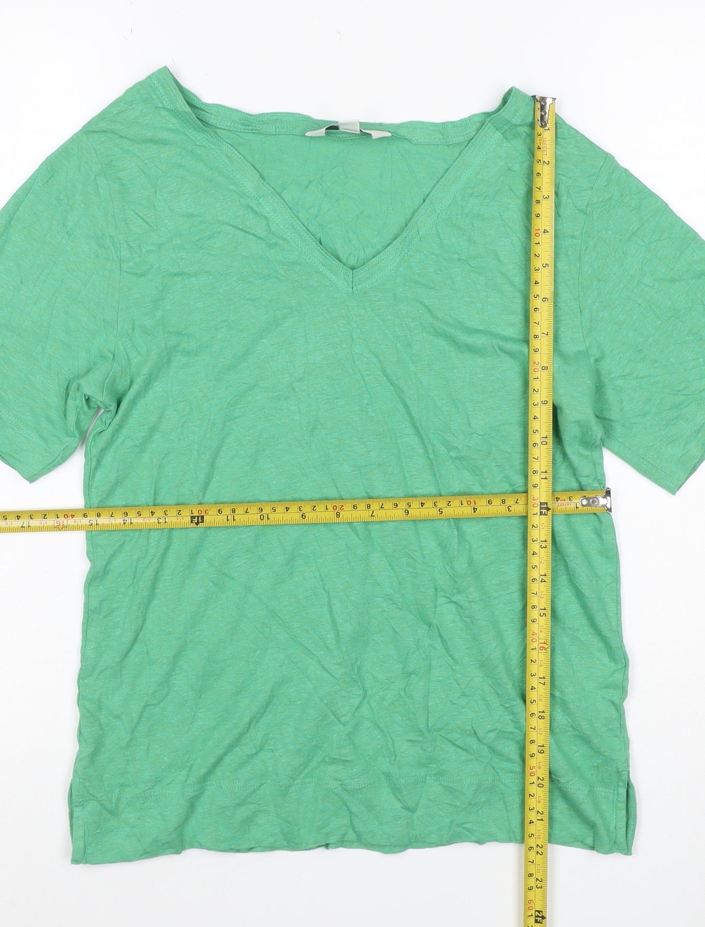 Marks and Spencer Women's Green V-Neck Short Sleeve Linen Modal T-Shirt Size 6