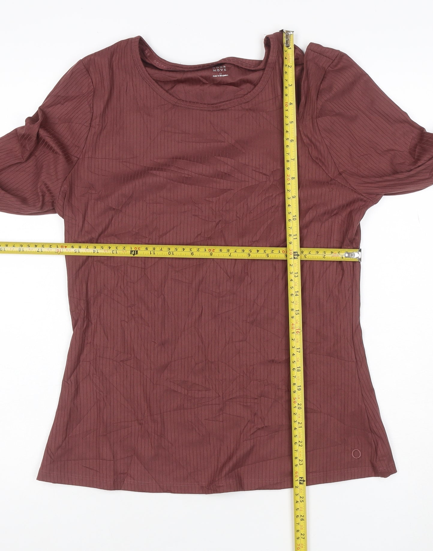 Goodmove Womens Brown Long Sleeve Round Neck Stretch T-Shirt Size 12