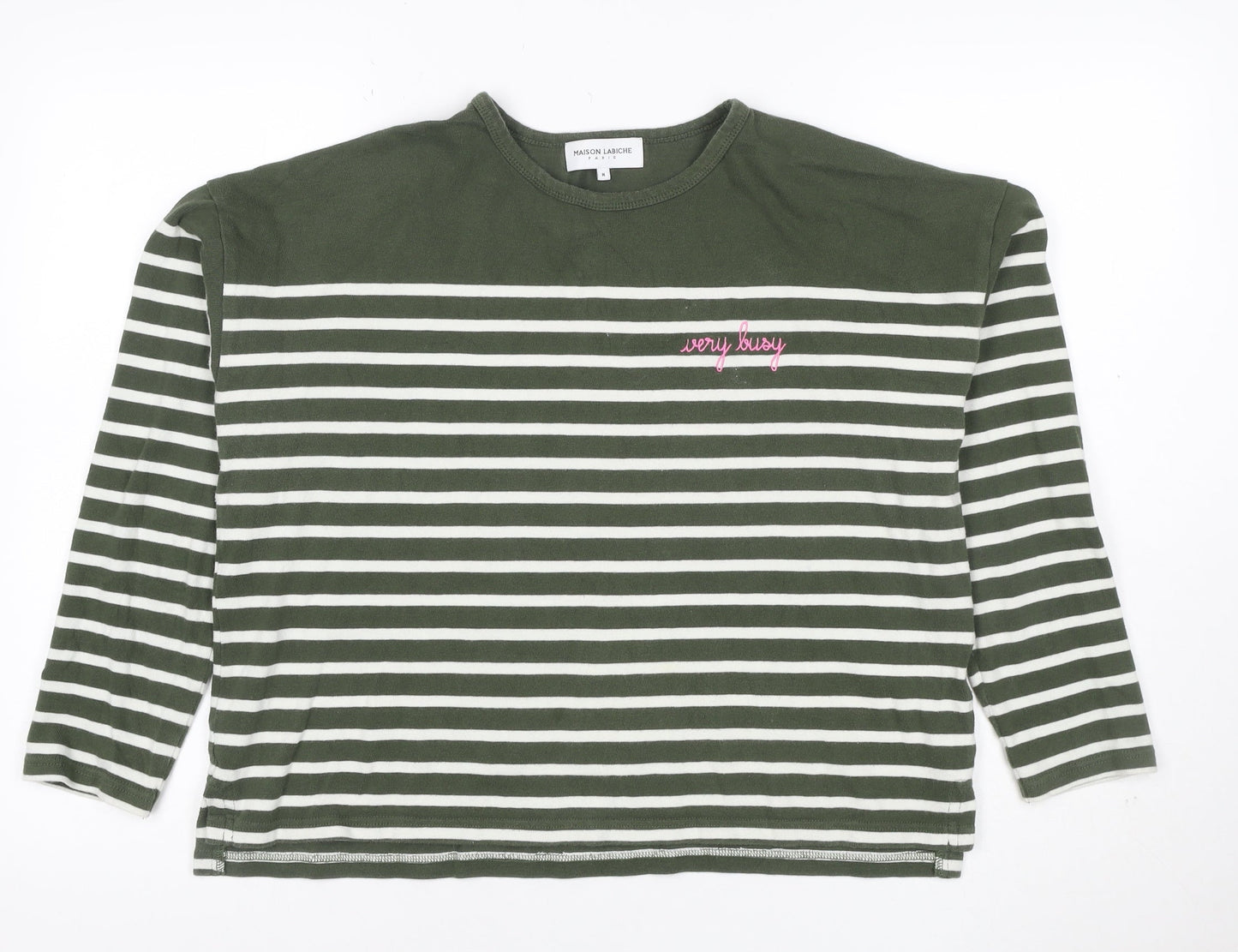Maison Labiche Women’s Green Striped Cotton Embroidered Long Sleeve T-Shirt M