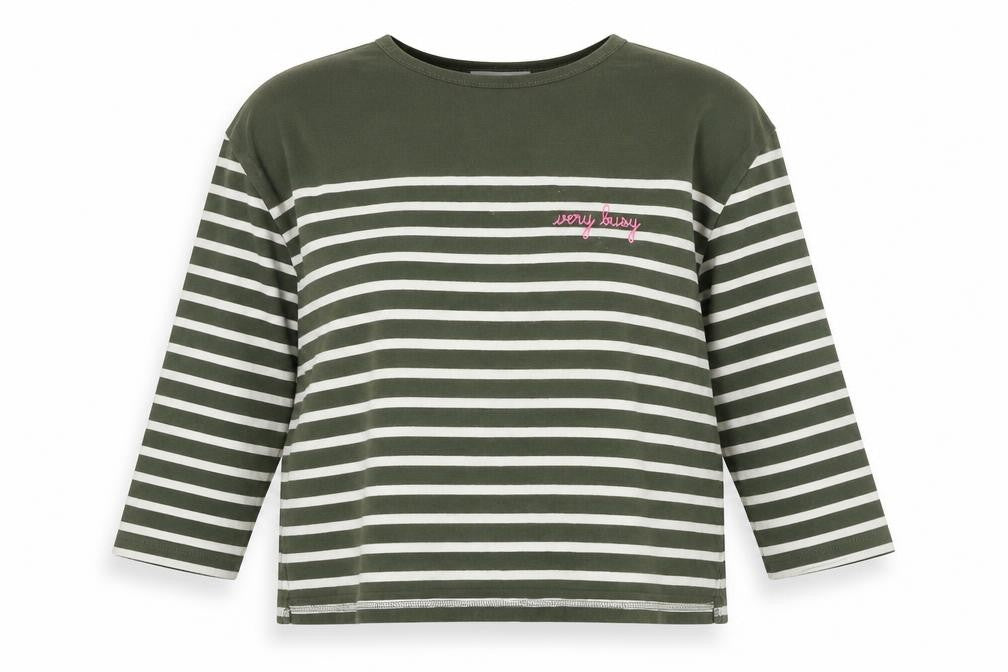Maison Labiche Women’s Green Striped Cotton Embroidered Long Sleeve T-Shirt M