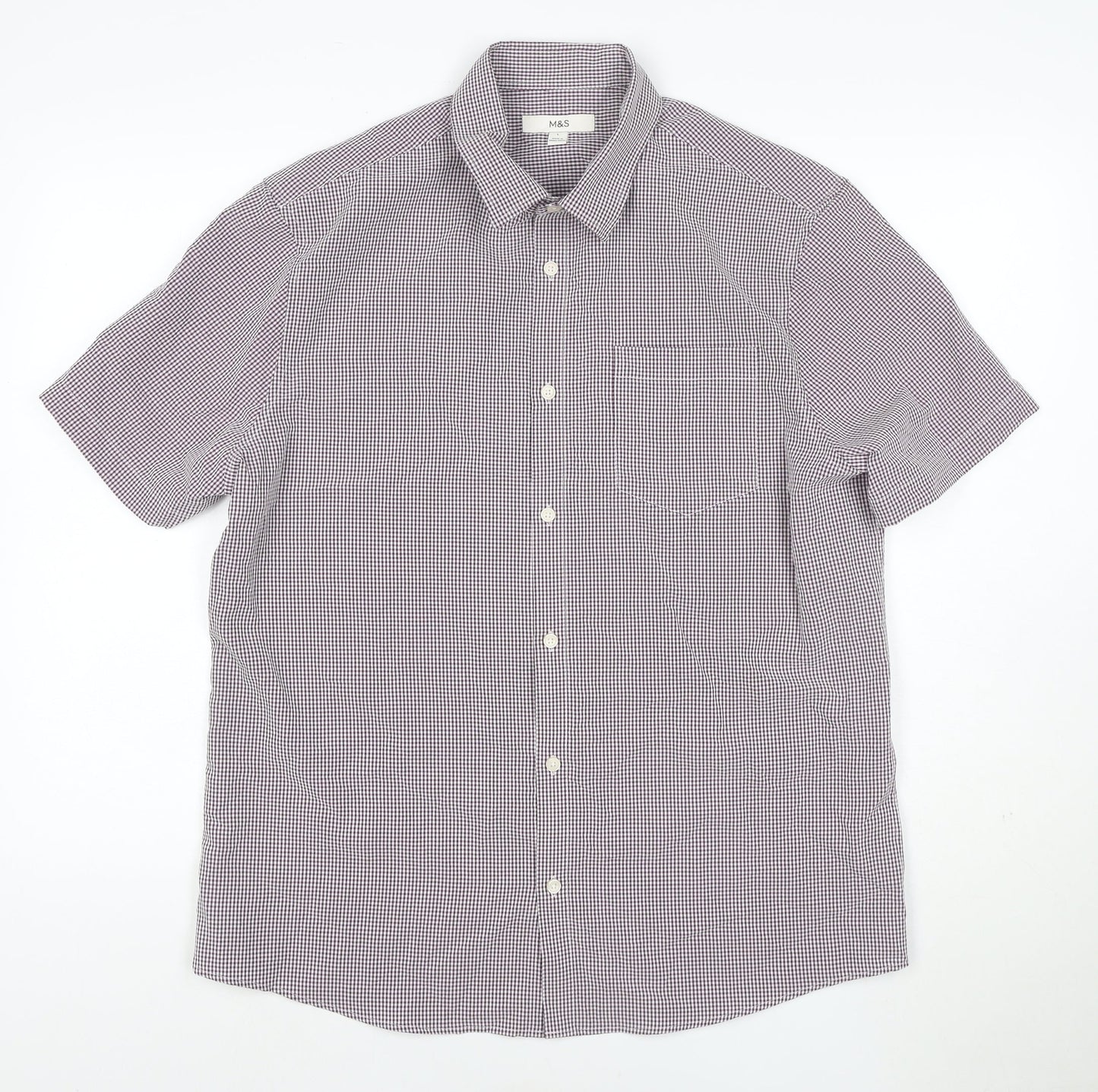 Marks and Spencer Men's Purple Check Short Sleeve Button-Up Shirt L
