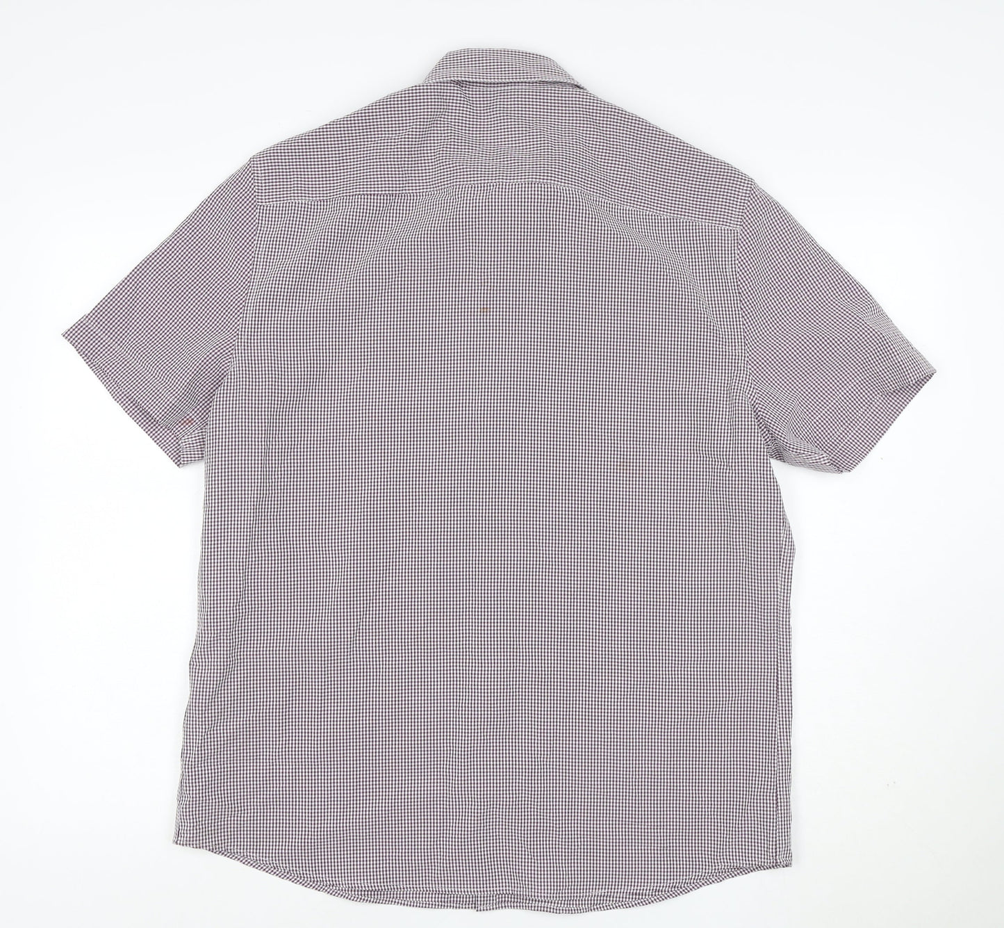 Marks and Spencer Men's Purple Check Short Sleeve Button-Up Shirt L