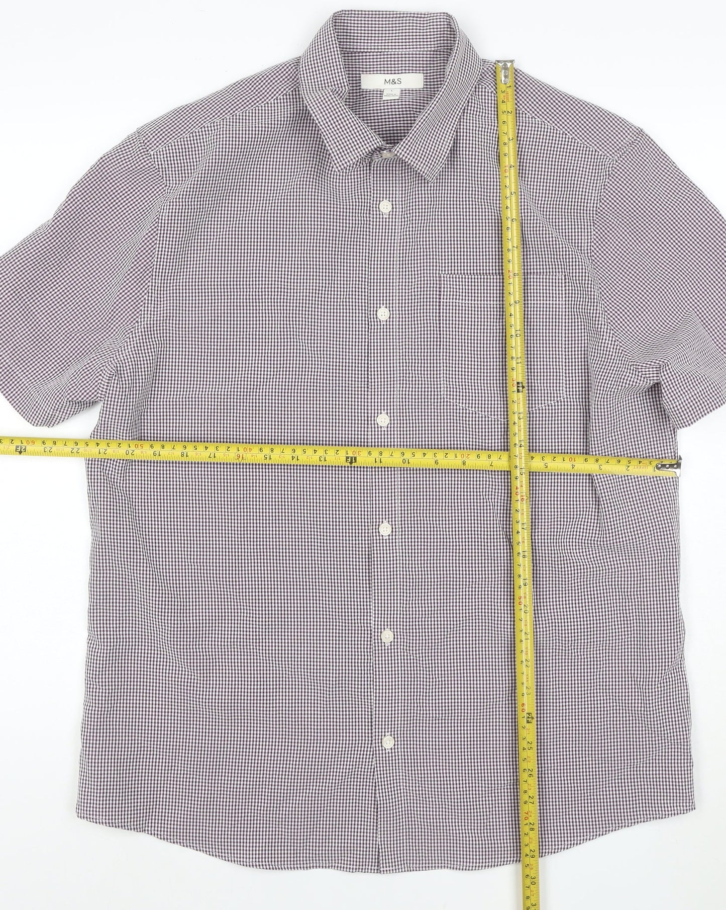 Marks and Spencer Men's Purple Check Short Sleeve Button-Up Shirt L