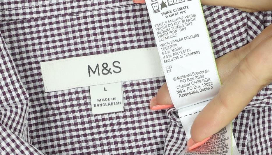 Marks and Spencer Men's Purple Check Short Sleeve Button-Up Shirt L