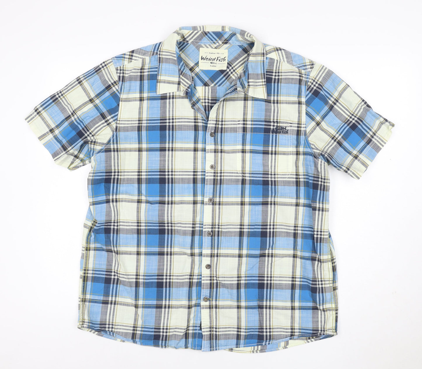 Weird Fish Mens Blue Plaid Cotton Short Sleeve Button-Up Shirt XL